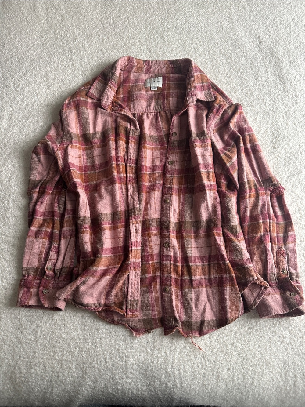 American Eagle Outfitters Pink Plaid Distressed Button-Down Shirt